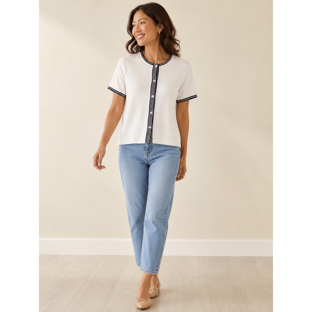 Chinawear Petites  White Navy Striped Trim Short Sleeve Cardigan Top PL